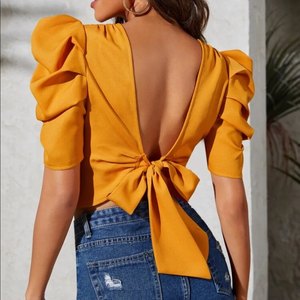 Open Back Tie Puff Sleeve Ruched Classic Top Blouse - Picture 4 of 17